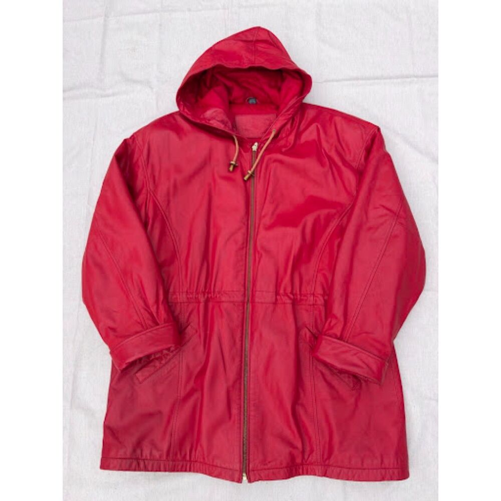 Vintage 90s Jacqueline Ferrar Red Leather Hooded Parka Jacket Womens XL Quilted